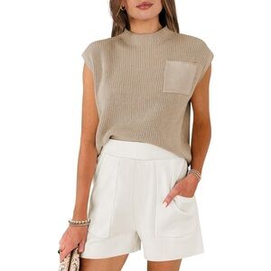 Soft Fabric Breathable Stretchy Turtleneck Knitted Sleeveless Crop Top Beige